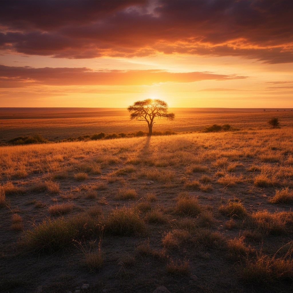 Golden African savanna at dusk